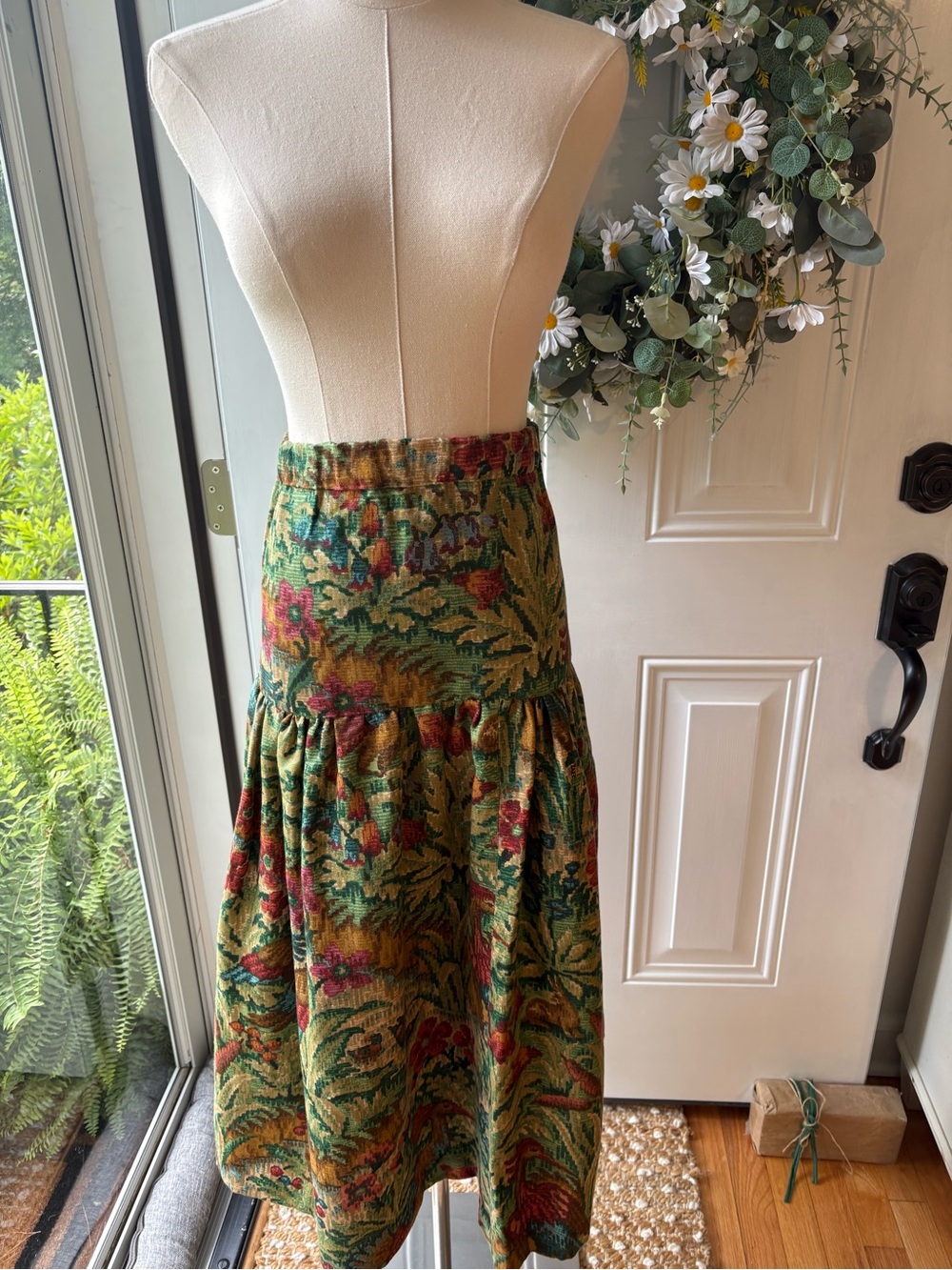Vintage 70’s Handmade Green Floral Tapestry Midi Skirt
